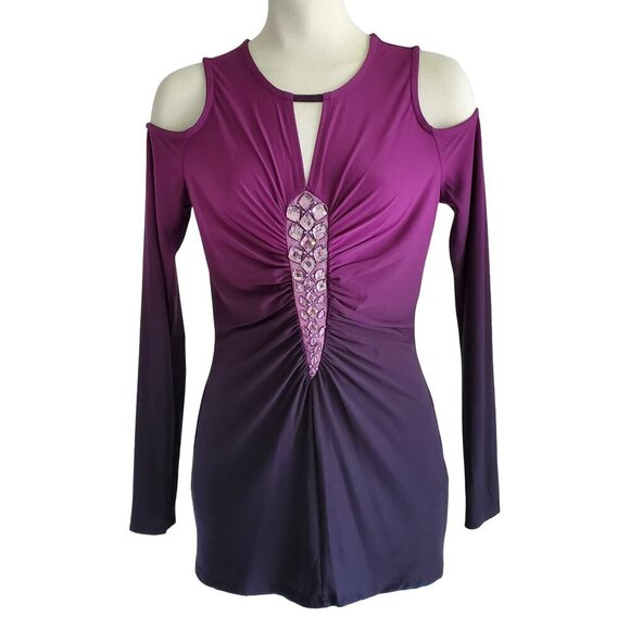 VENUS NWT Blingy Jeweled Ruched Sexy Dressy Top Ombre Cold Shoulder S - Picture 3 of 16